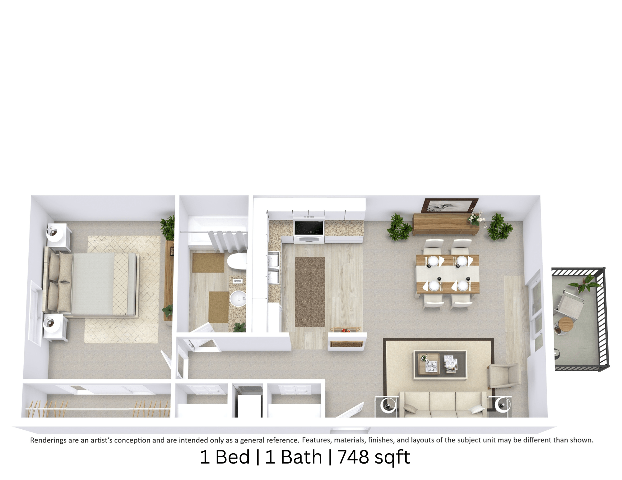 Floor plan for 1 bed, 1 bath, 748 sqft